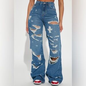 FASHION NOVA - Tall Super Destroyed Wide Leg Jeans / Size 15 (Medium Blue Wash)